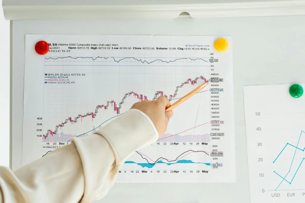 Executive pointing to growth charts during a strategic planning session for market dominance.